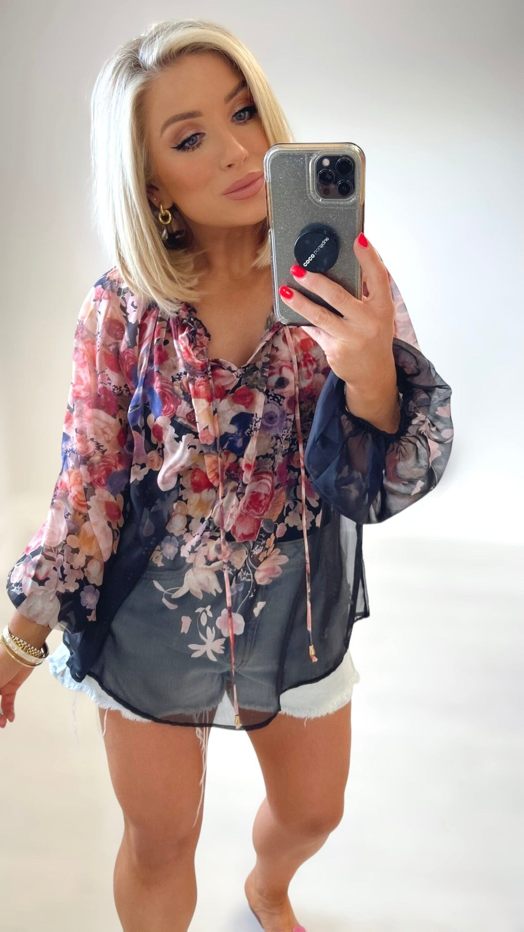 SHIMMER CHIFFON BLOUSE - BLACK FLORAL Tops & Jumpers Coco Boutique 