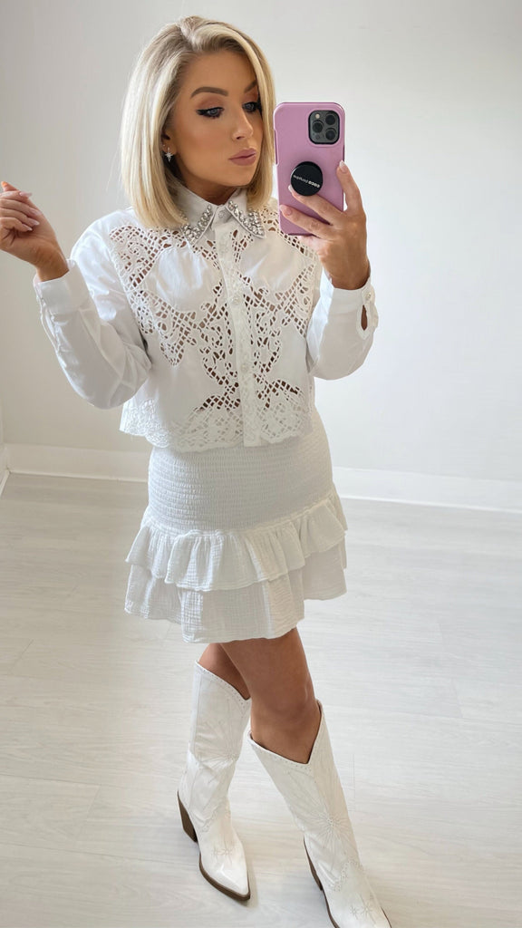 MADDIE LACE & CRYSTAL SHIRT - WHITE Tops & Jumpers Coco Boutique 