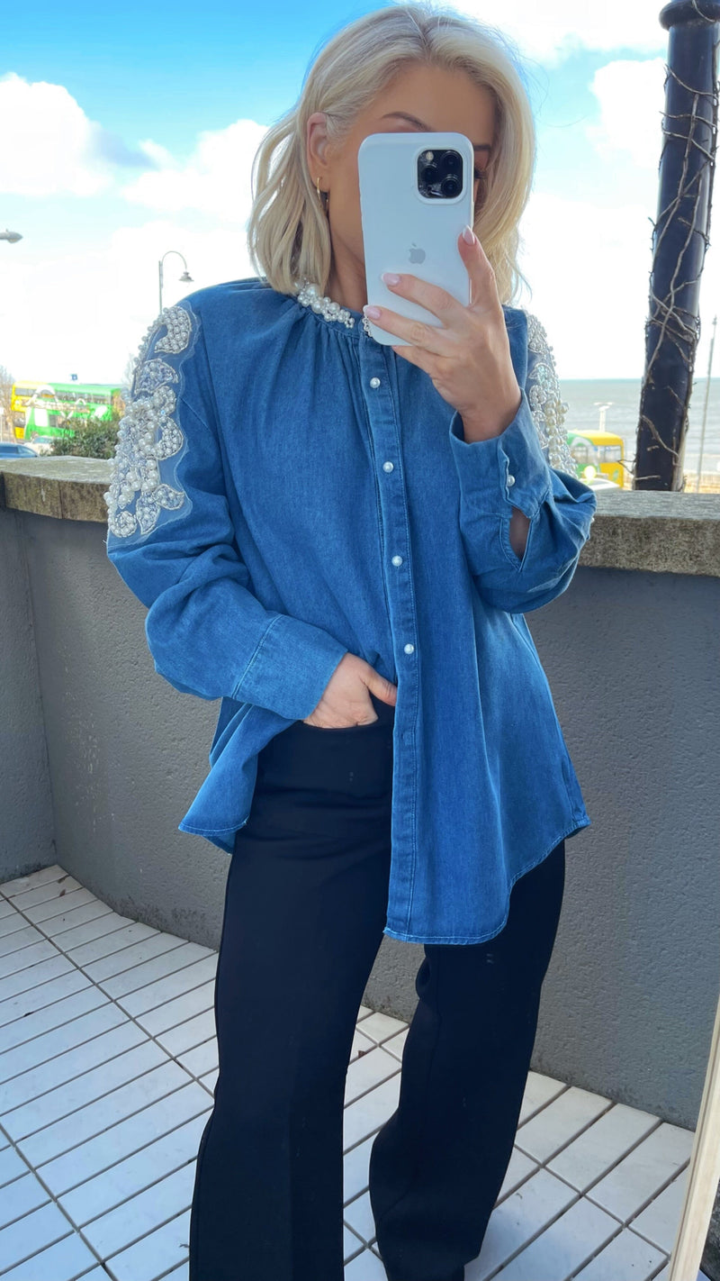 OLIVIA PEARL DENIM BLOUSE - BLUE Tops & Jumpers Flam Mode 