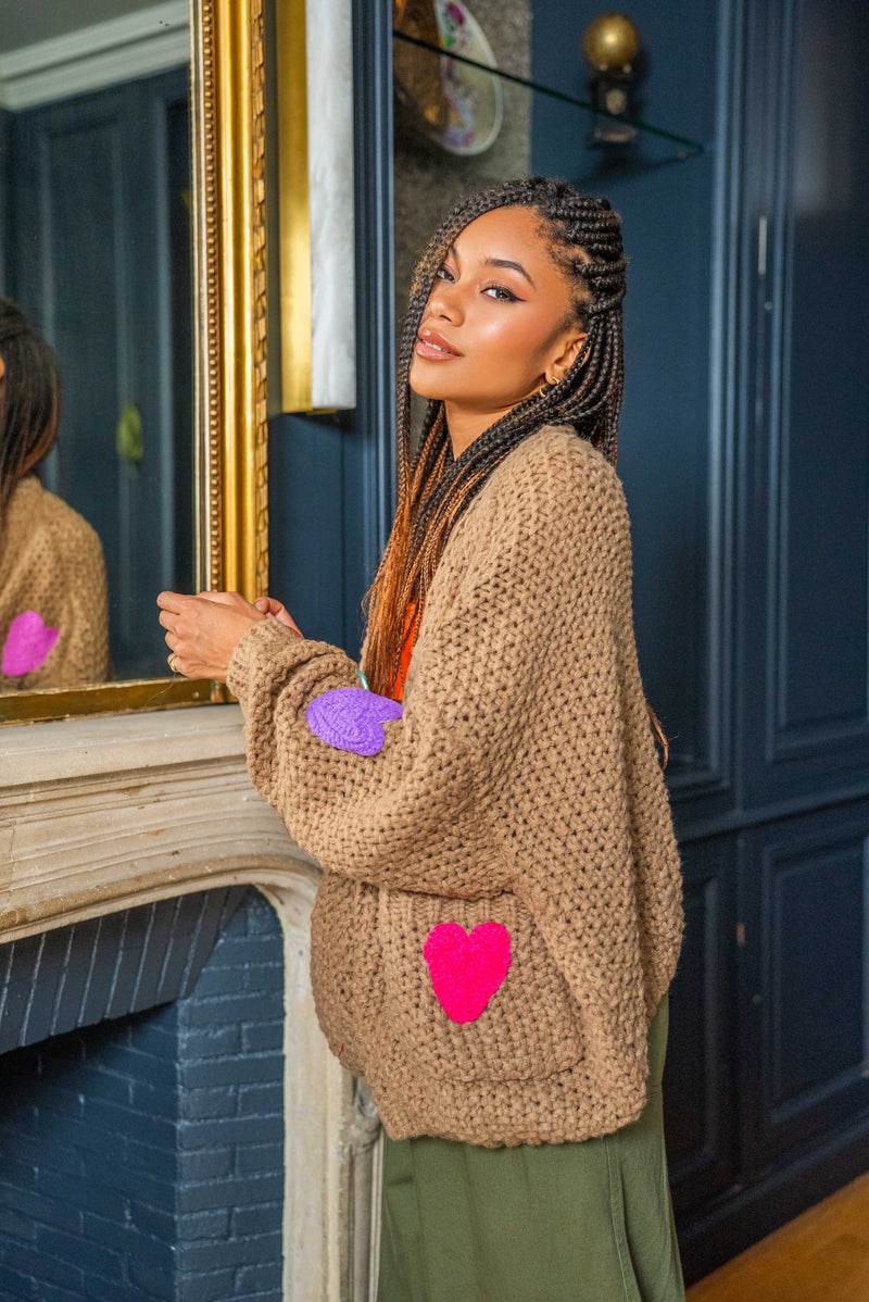 BRIANNA HEART CARDI - KHAKI Coco Boutique 