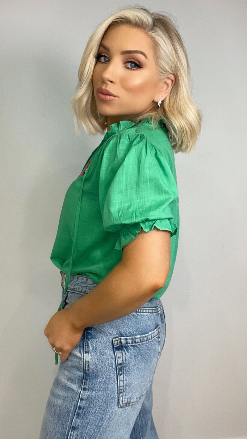 ANGELIQUE SHIRRED TOP - GREEN Tops & Jumpers Coco Boutique 