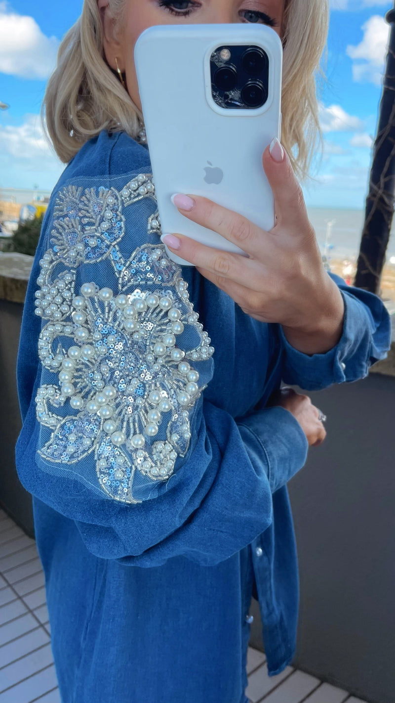 OLIVIA PEARL DENIM BLOUSE - BLUE Tops & Jumpers Flam Mode 